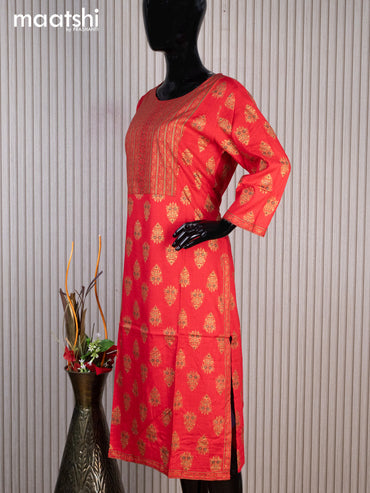 Rayon readymade kurti red with allover butta prints & simple neck pattern without pant