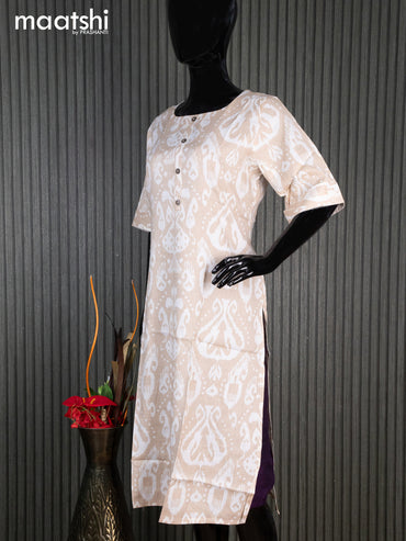 Rayon readymade kurti beige and off white with allover ikat prints & simple neck pattern without pant