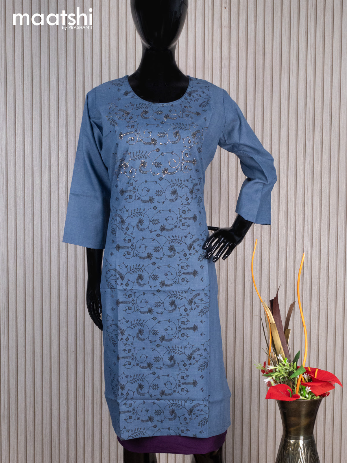 Rayon readymade kurti blue with allover prints & embroidery work neck pattern without pant