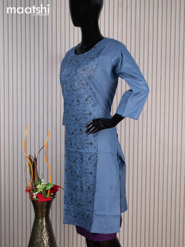 Rayon readymade kurti blue with allover prints & embroidery work neck pattern without pant