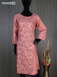 Rayon readymade kurti peach shade with allover prints & embroidery work neck pattern without pant