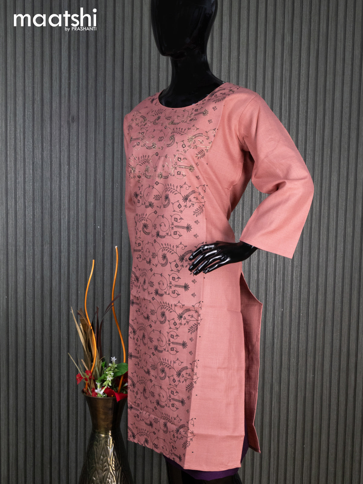 Rayon readymade kurti peach shade with allover prints & embroidery work neck pattern without pant