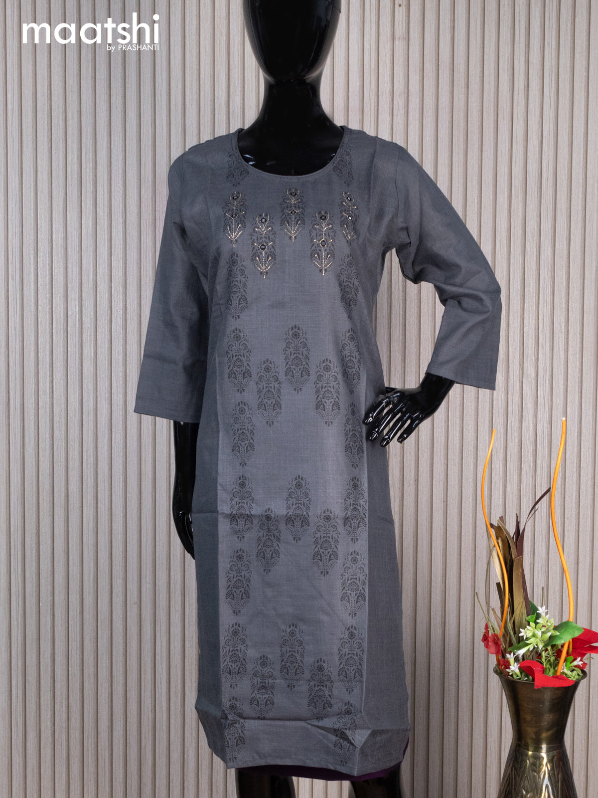 Rayon readymade kurti grey with allover prints mirror work & simple neck pattern without pant