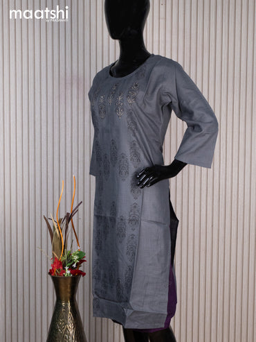 Rayon readymade kurti grey with allover prints mirror work & simple neck pattern without pant