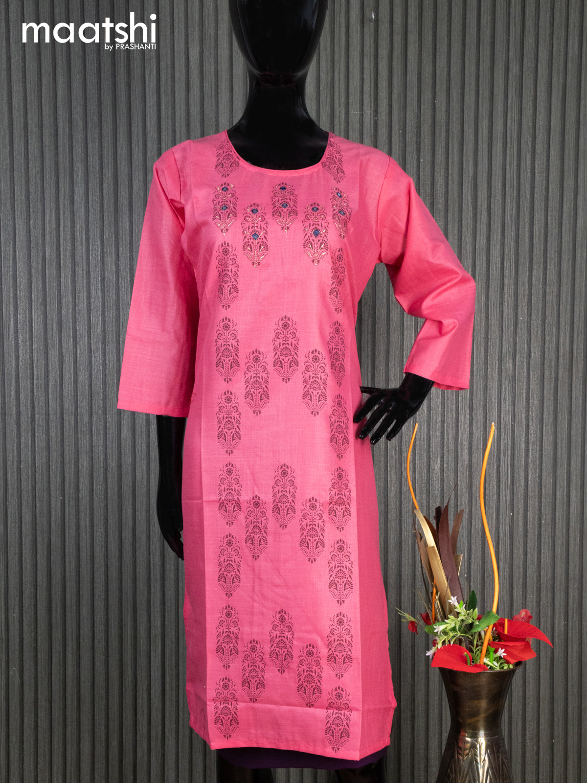 Rayon readymade kurti candy pink with allover prints mirror work & simple neck pattern without pant