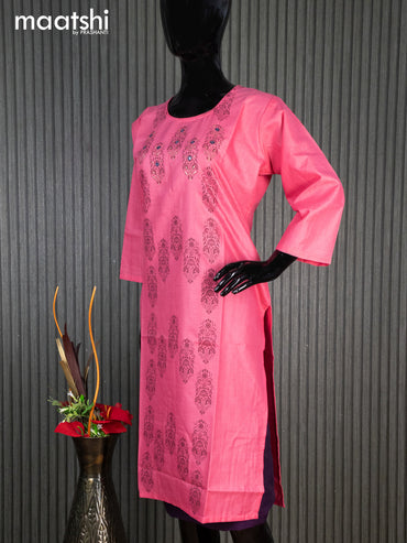 Rayon readymade kurti candy pink with allover prints mirror work & simple neck pattern without pant