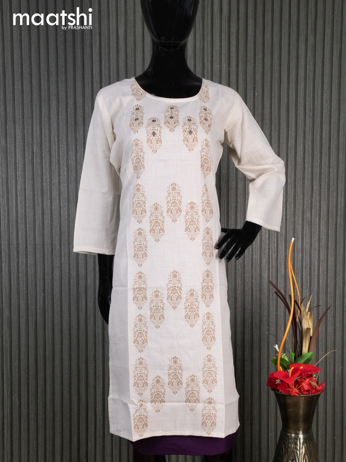 Rayon readymade kurti cream with allover prints mirror work & simple neck pattern without pant