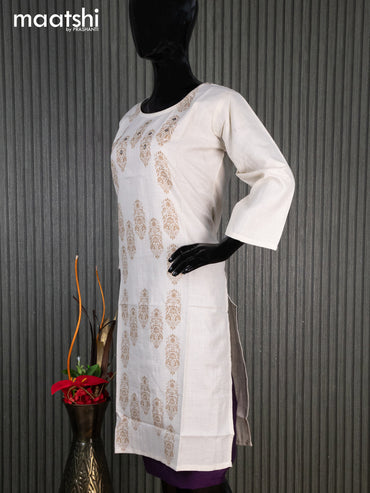 Rayon readymade kurti cream with allover prints mirror work & simple neck pattern without pant