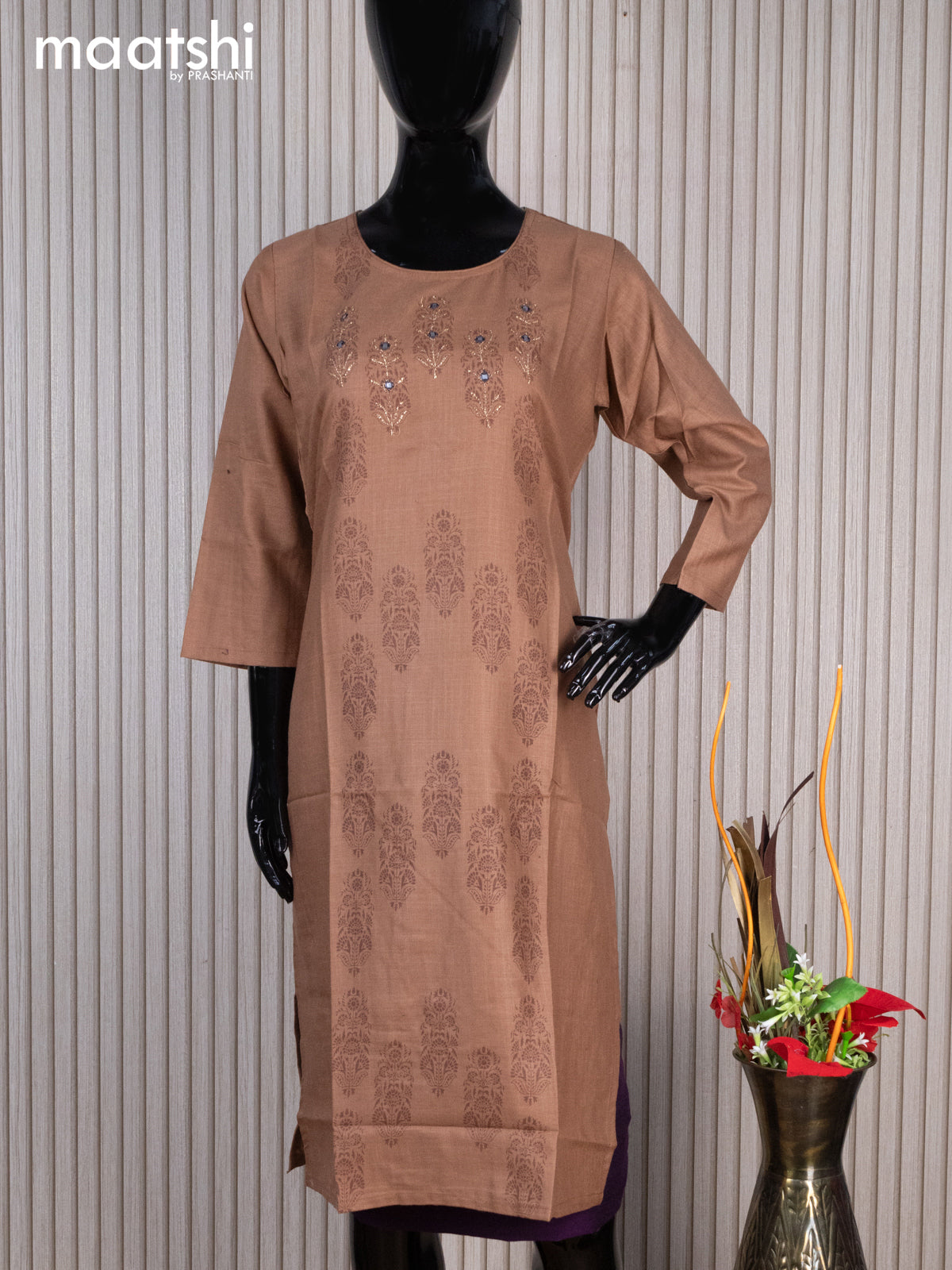 Rayon readymade kurti brown with allover prints mirror work & simple neck pattern without pant