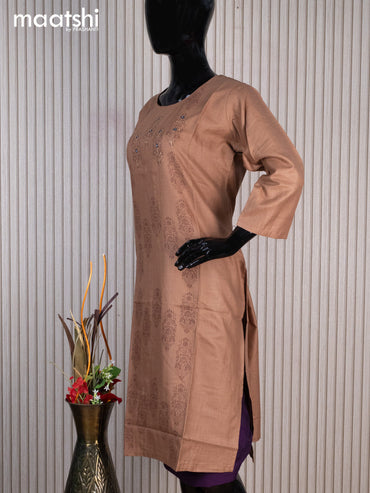 Rayon readymade kurti brown with allover prints mirror work & simple neck pattern without pant