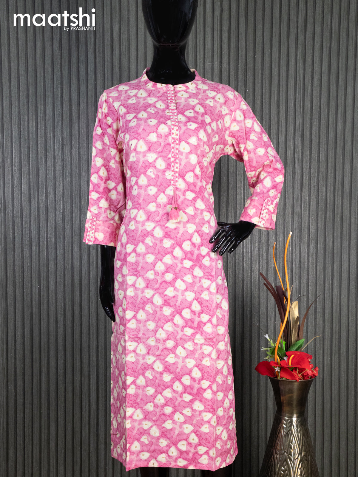 Cotton readymade kurti light pink and cream with allover prints mirror work & simple neck pattern without pant