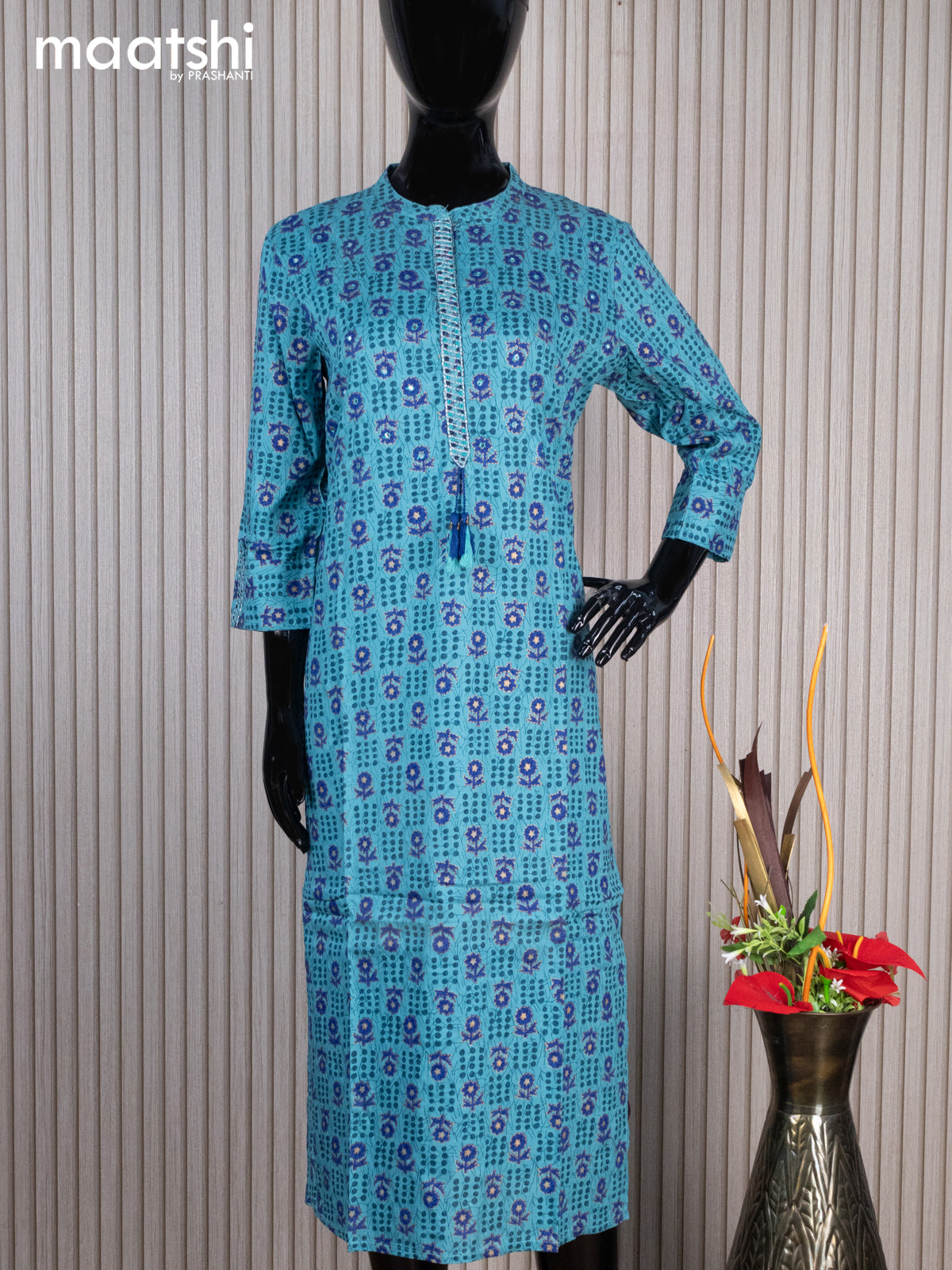 Cotton readymade kurti blue with allover prints mirror work & simple neck pattern without pant