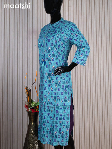 Cotton readymade kurti blue with allover prints mirror work & simple neck pattern without pant