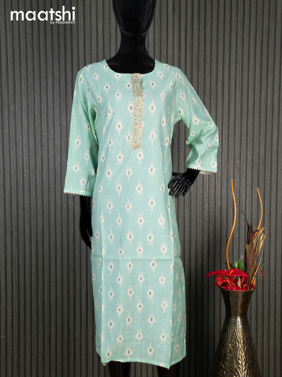 Modal readymade kurti teal shade and cream with ikat butta prints & sequin embroidery work neck pattern without pant