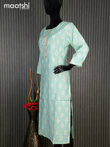 Modal readymade kurti teal shade and cream with ikat butta prints & sequin embroidery work neck pattern without pant