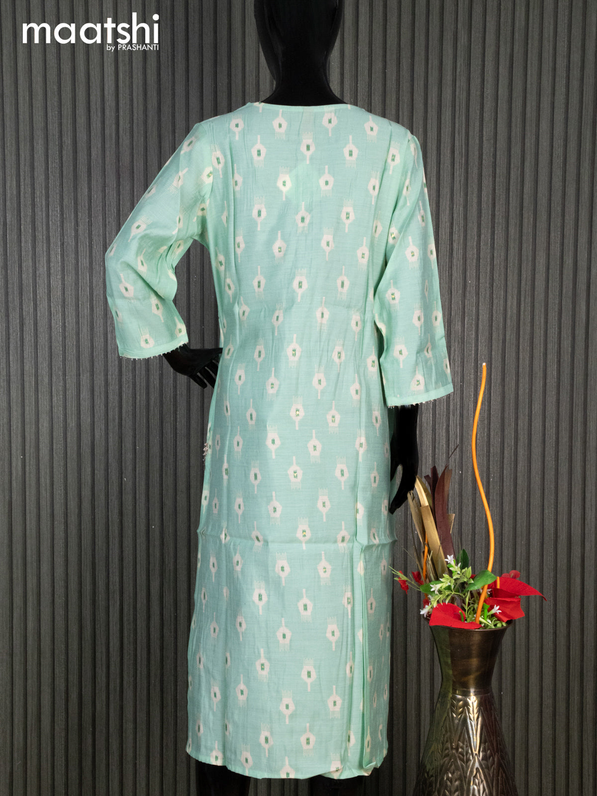 Modal readymade kurti teal shade and cream with ikat butta prints & sequin embroidery work neck pattern without pant