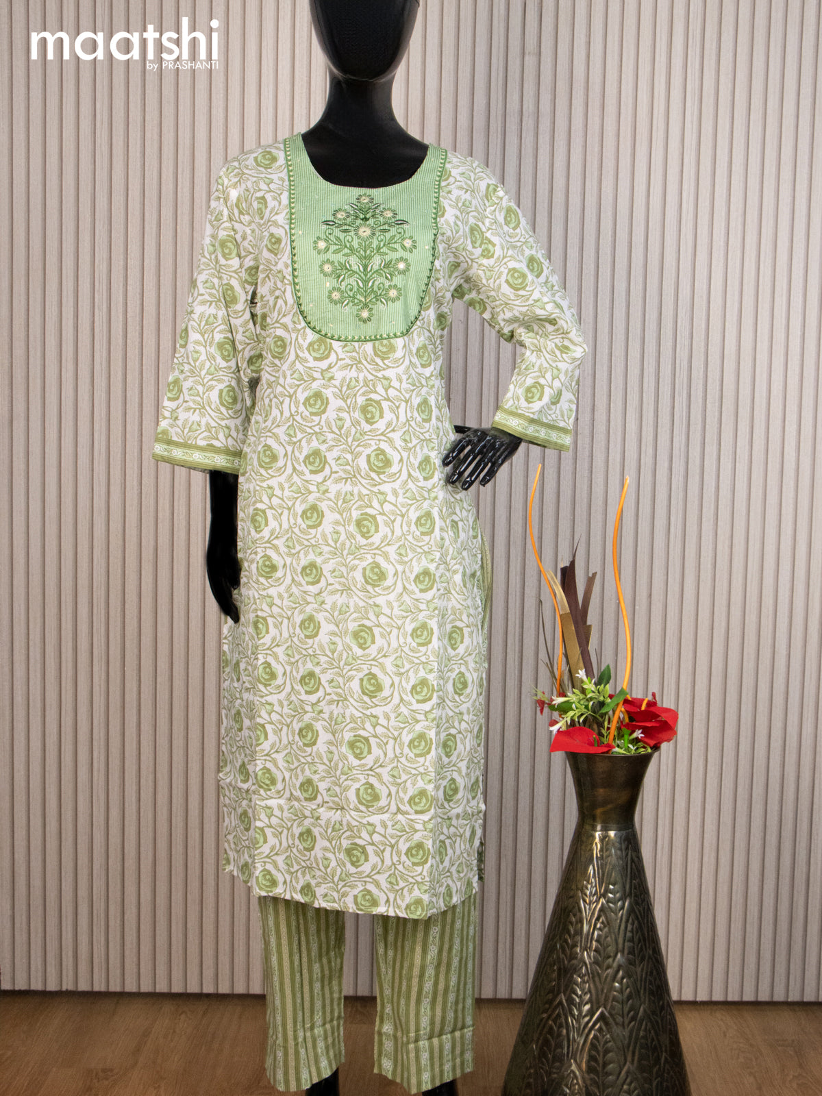 Cotton readymade salwar suit off white and light green with allover floral butta prints & sequin embroidery work neck pattern and straight cut pant & dupatta