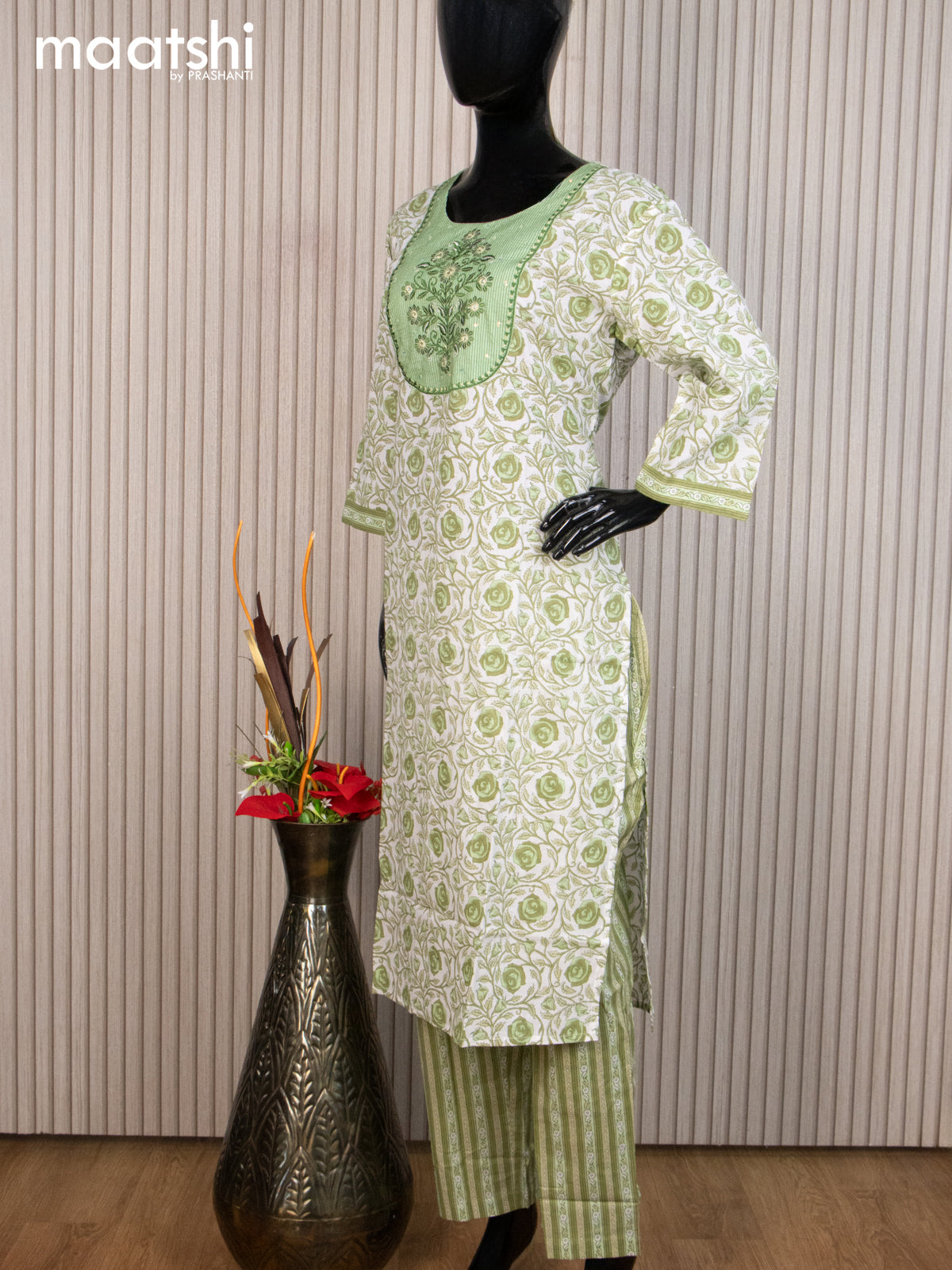 Cotton readymade salwar suit off white and light green with allover floral butta prints & sequin embroidery work neck pattern and straight cut pant & dupatta