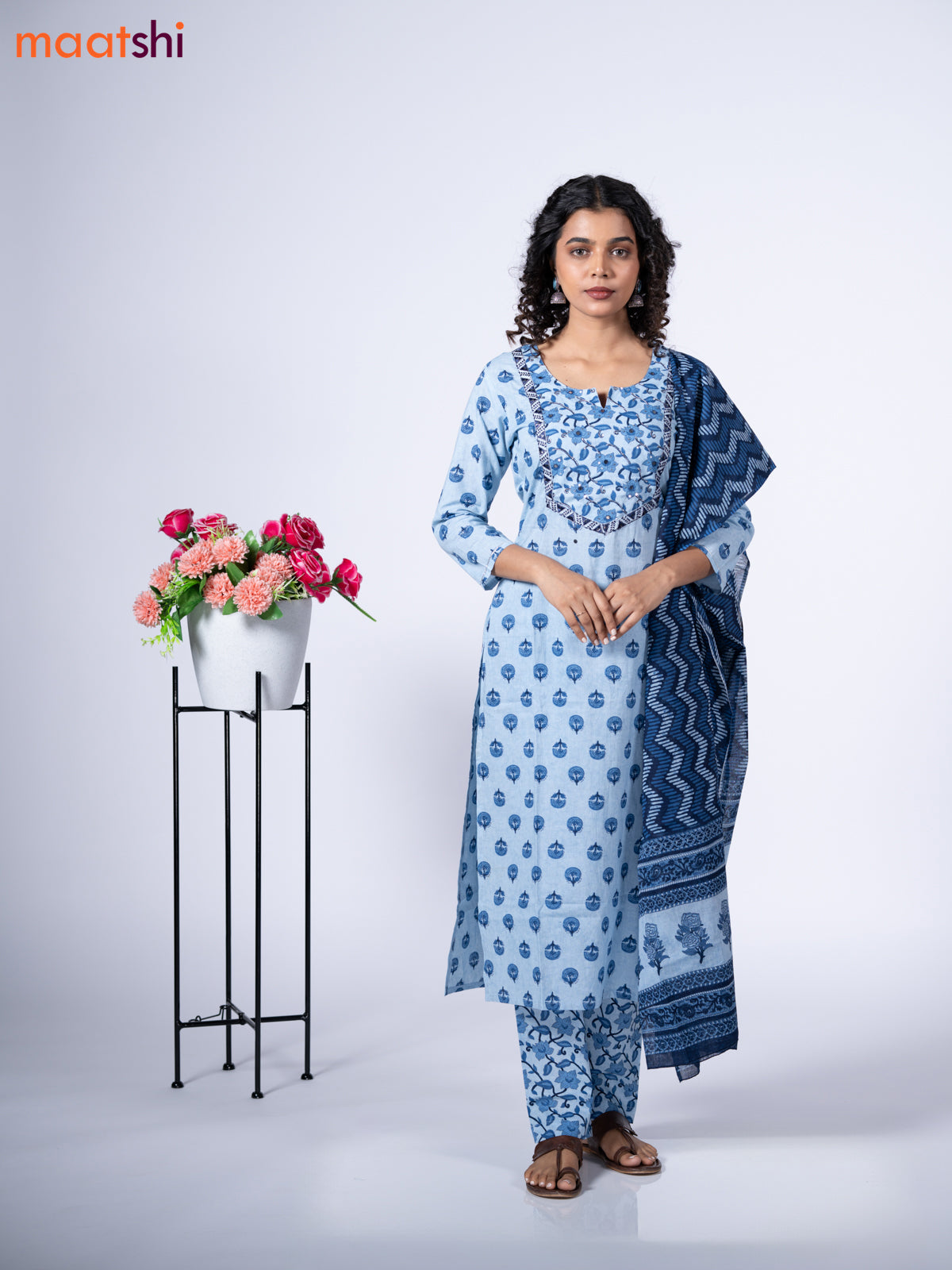 Cotton readymade salwar suit light blue and navy blue with floral butta prints & sequin mirror work neck pattern and straight cut pant & dupatta