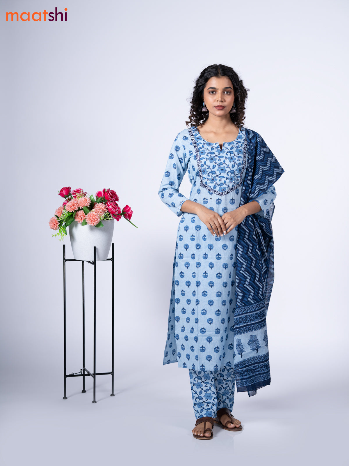 Cotton readymade salwar suit light blue and navy blue with floral butta prints & sequin mirror work neck pattern and straight cut pant & dupatta