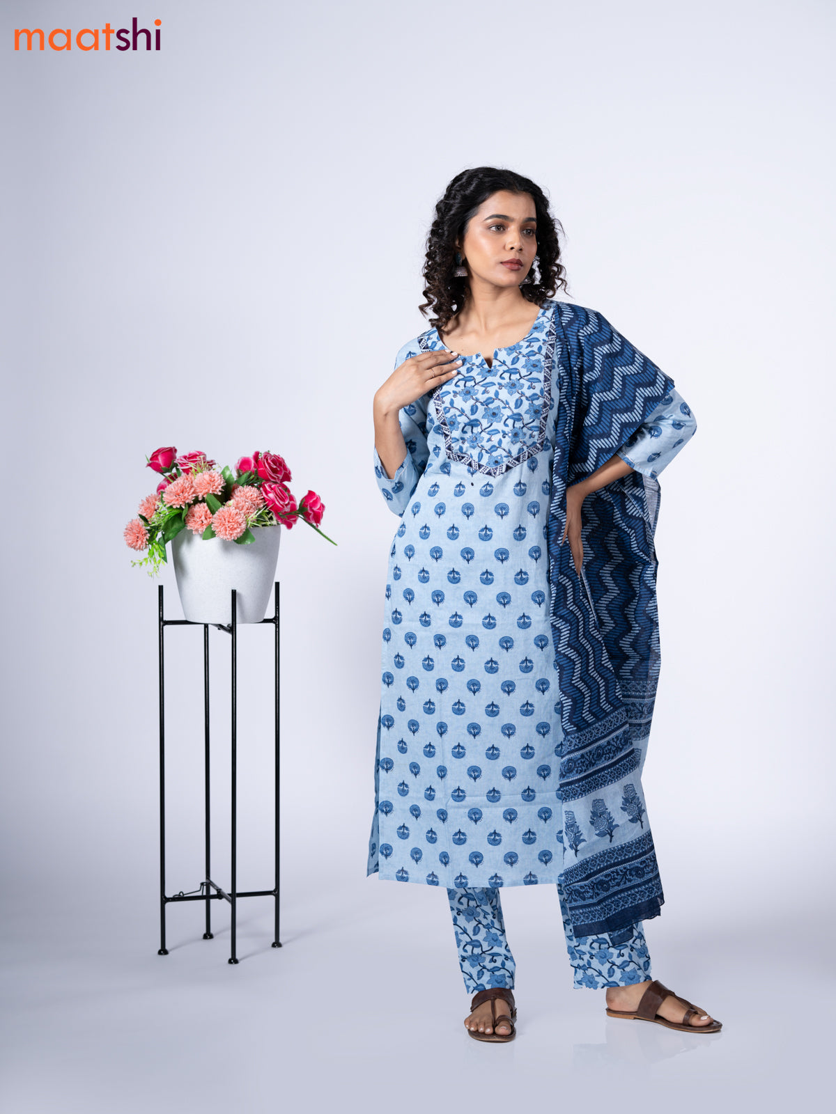 Cotton readymade salwar suit light blue and navy blue with floral butta prints & sequin mirror work neck pattern and straight cut pant & dupatta