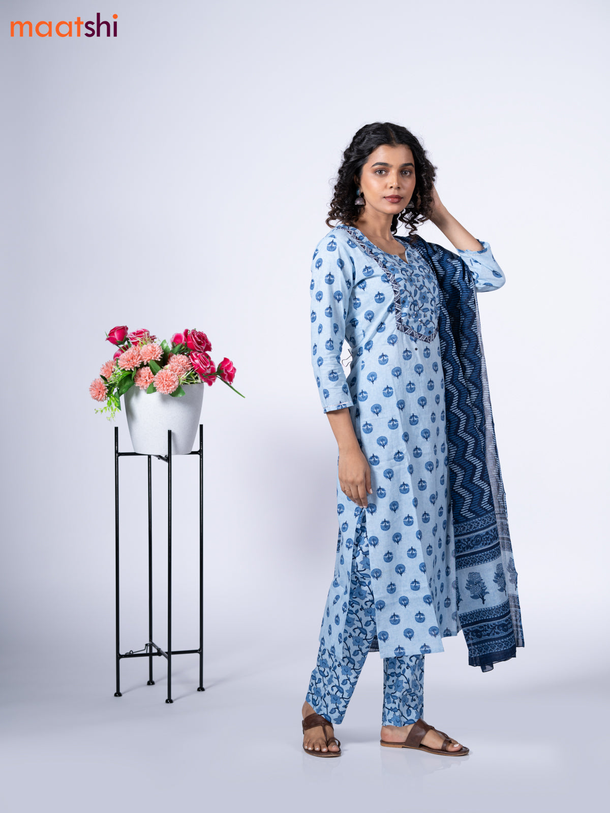 Cotton readymade salwar suit light blue and navy blue with floral butta prints & sequin mirror work neck pattern and straight cut pant & dupatta