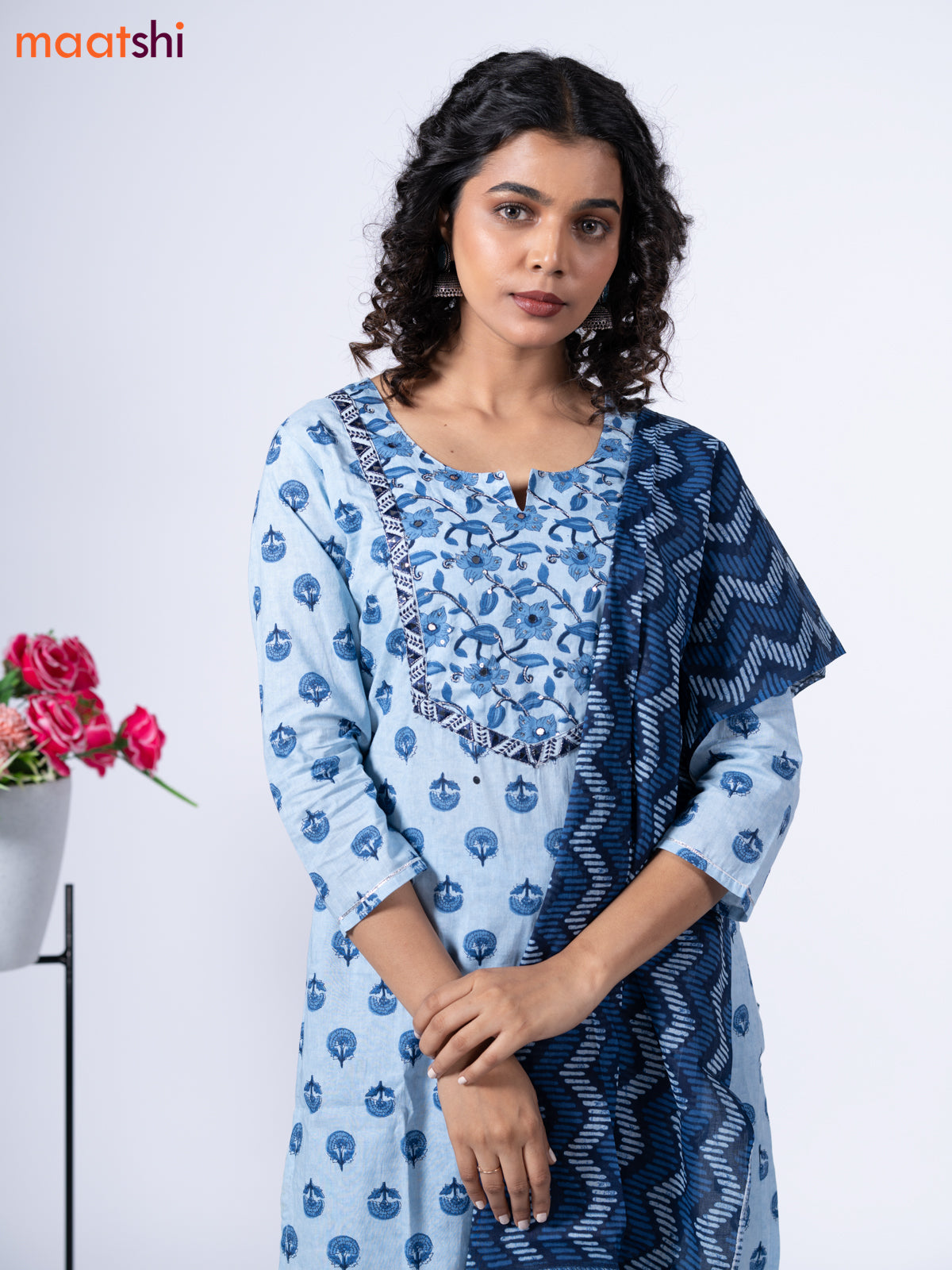 Cotton readymade salwar suit light blue and navy blue with floral butta prints & sequin mirror work neck pattern and straight cut pant & dupatta