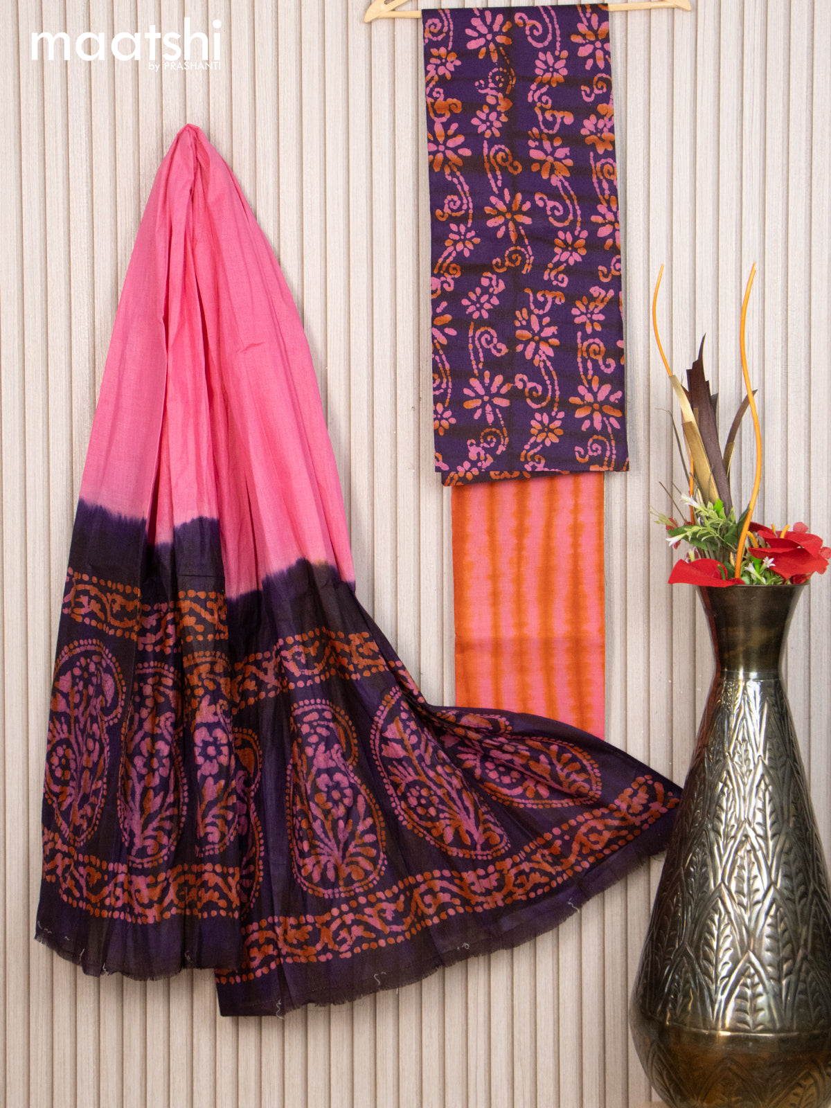 Cotton dress material violet and light pink with allover floral batik prints and bottom & dupatta