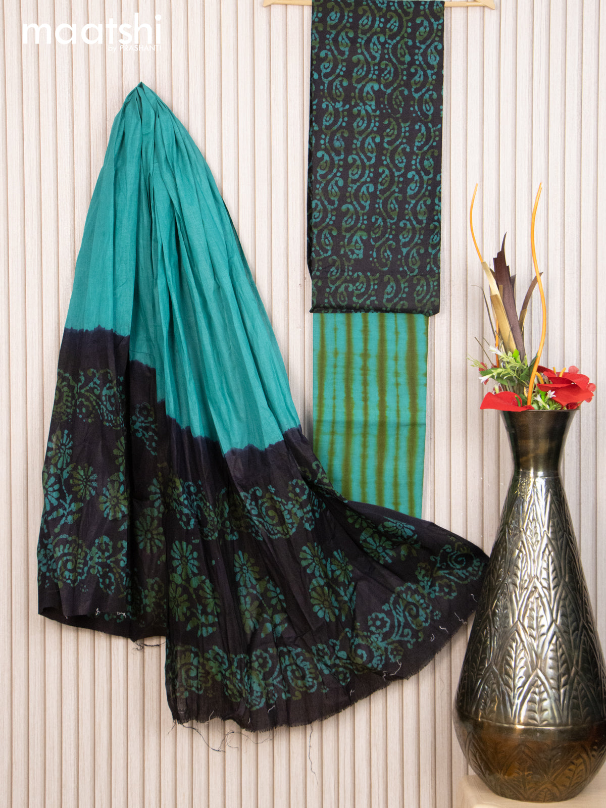 Cotton dress material deep navy blue and teal blue with allover batik prints and bottom & dupatta