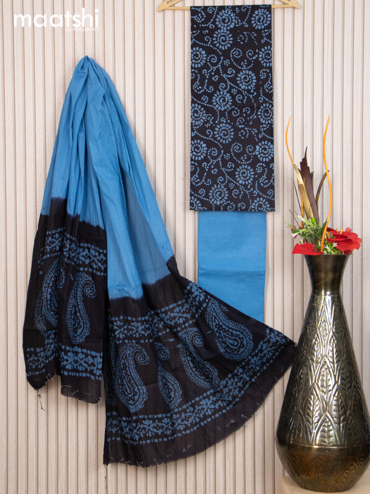 Cotton dress material black and light blue with allover batik prints and bottom & dupatta