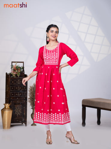 Rayon readymade umbrella kurti dark pink with floral embroidery butta & embroidery work neck pattern without pant