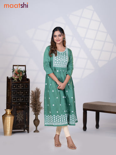 Rayon readymade umbrella kurti pastel green with floral embroidery butta & embroidery work neck pattern without pant