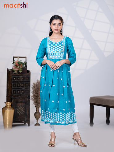 Rayon readymade umbrella kurti teal blue with floral embroidery butta & embroidery work neck pattern without pant