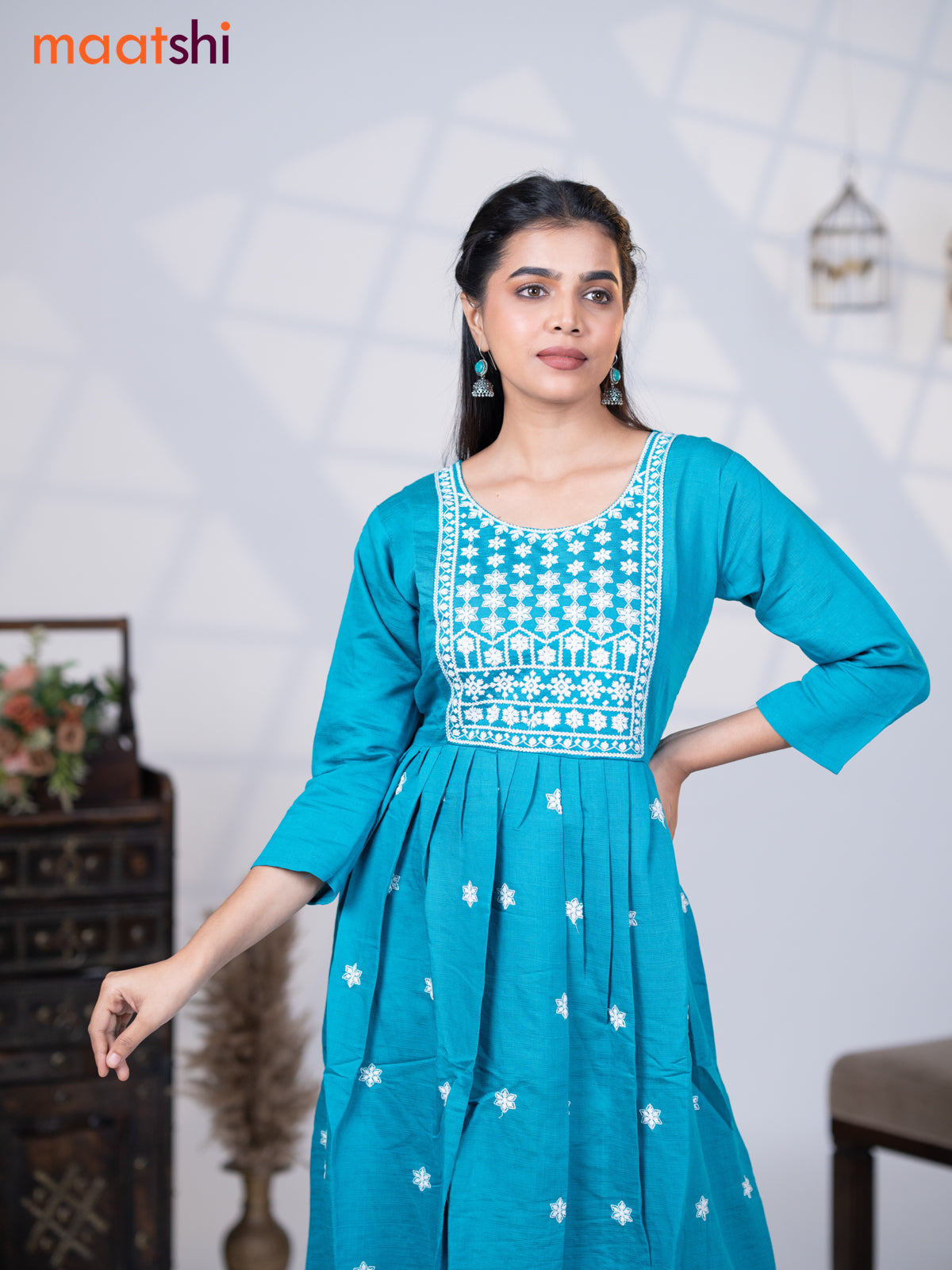 Rayon readymade umbrella kurti teal blue with floral embroidery butta & embroidery work neck pattern without pant