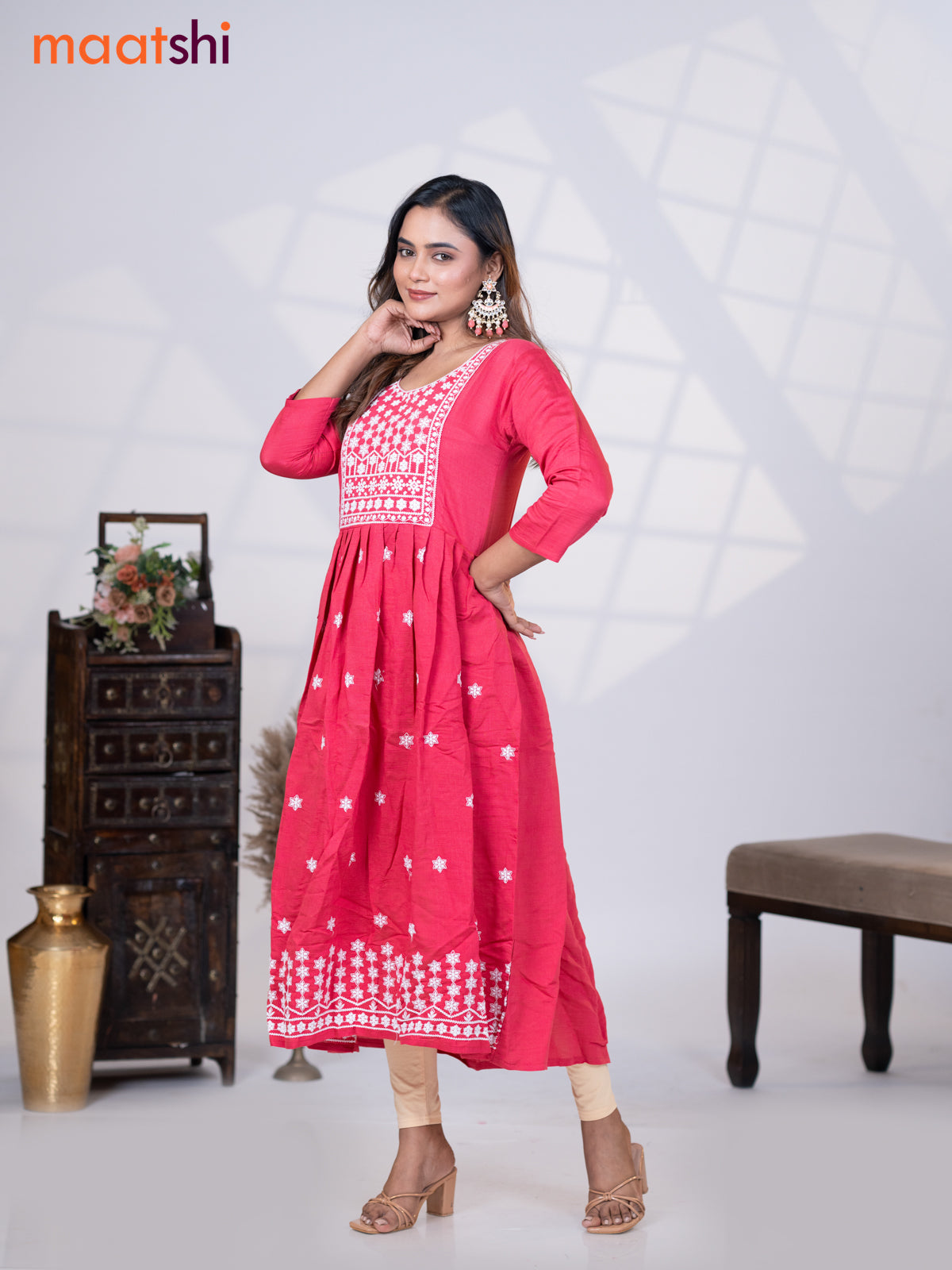 Rayon readymade umbrella kurti pink shade with floral embroidery butta & embroidery work neck pattern without pant