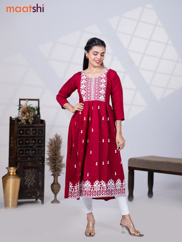 Rayon readymade umbrella kurti maroon with embroidery butta & embroidery work neck pattern without pant