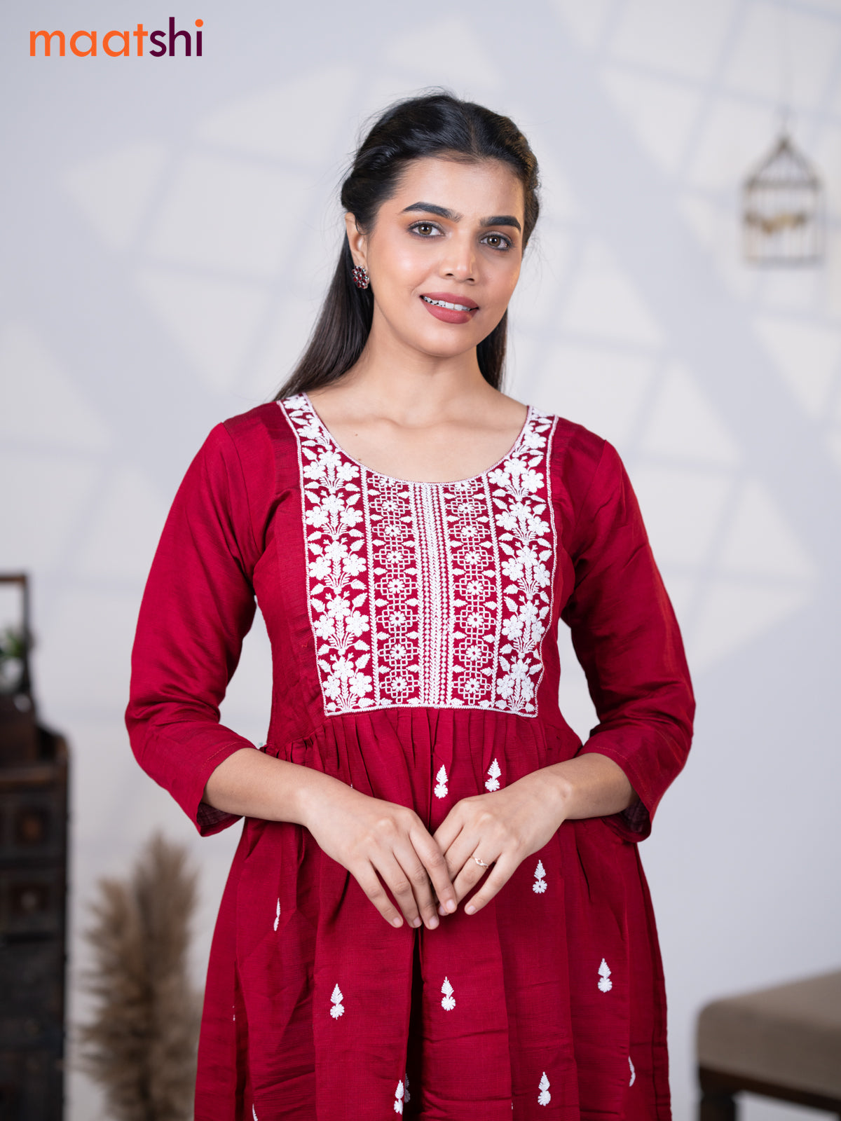 Rayon readymade umbrella kurti maroon with embroidery butta & embroidery work neck pattern without pant