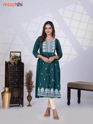 Rayon readymade umbrella kurti dark green with embroidery butta & embroidery work neck pattern without pant