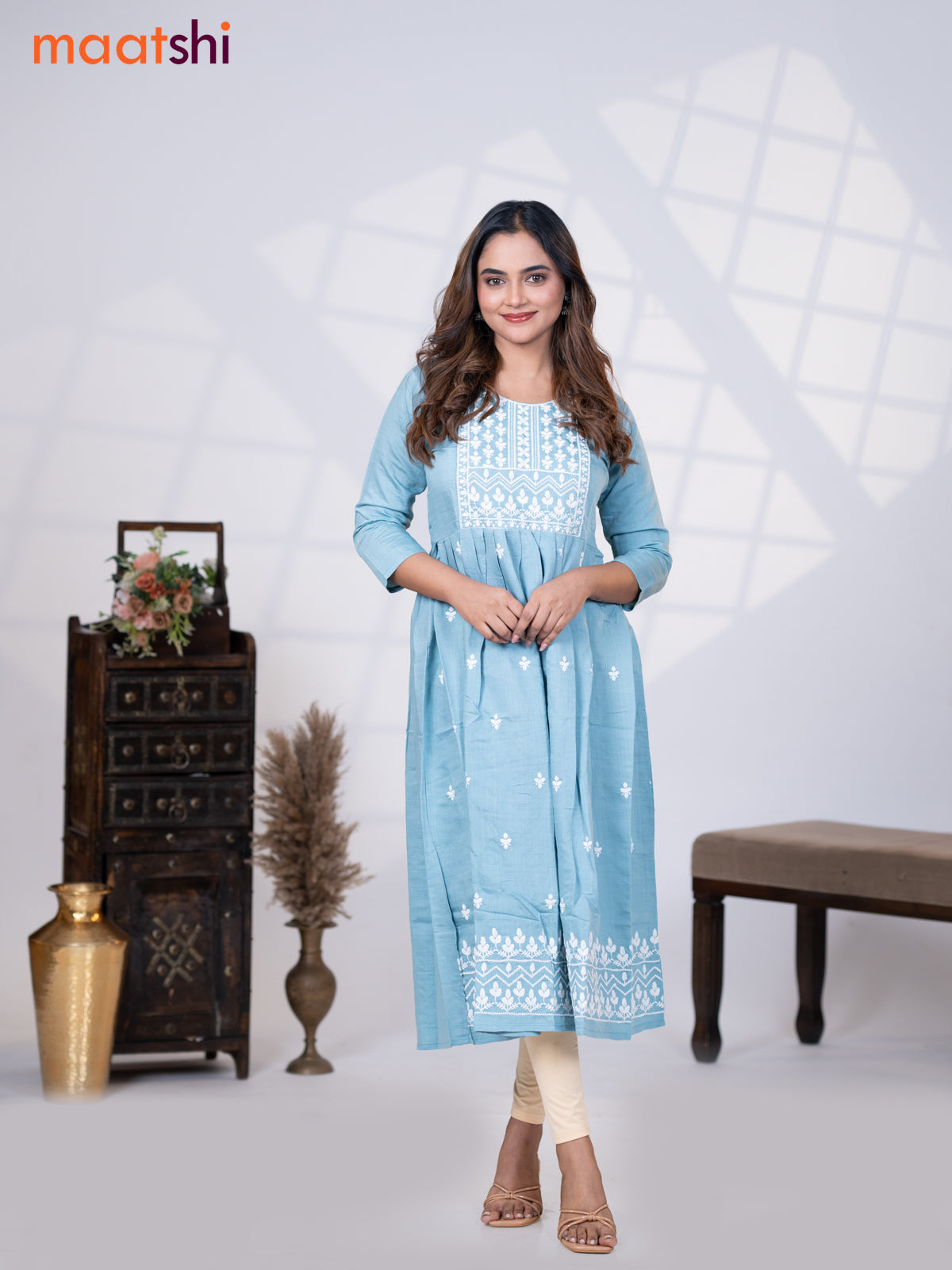 Rayon readymade umbrella kurti pastel blue with embroidery butta & embroidery work neck pattern without pant