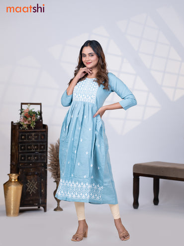 Rayon readymade umbrella kurti pastel blue with embroidery butta & embroidery work neck pattern without pant