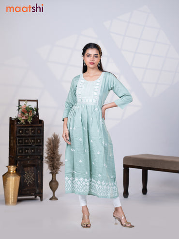 Rayon readymade umbrella kurti pastel green shade with embroidery butta & embroidery work neck pattern without pant