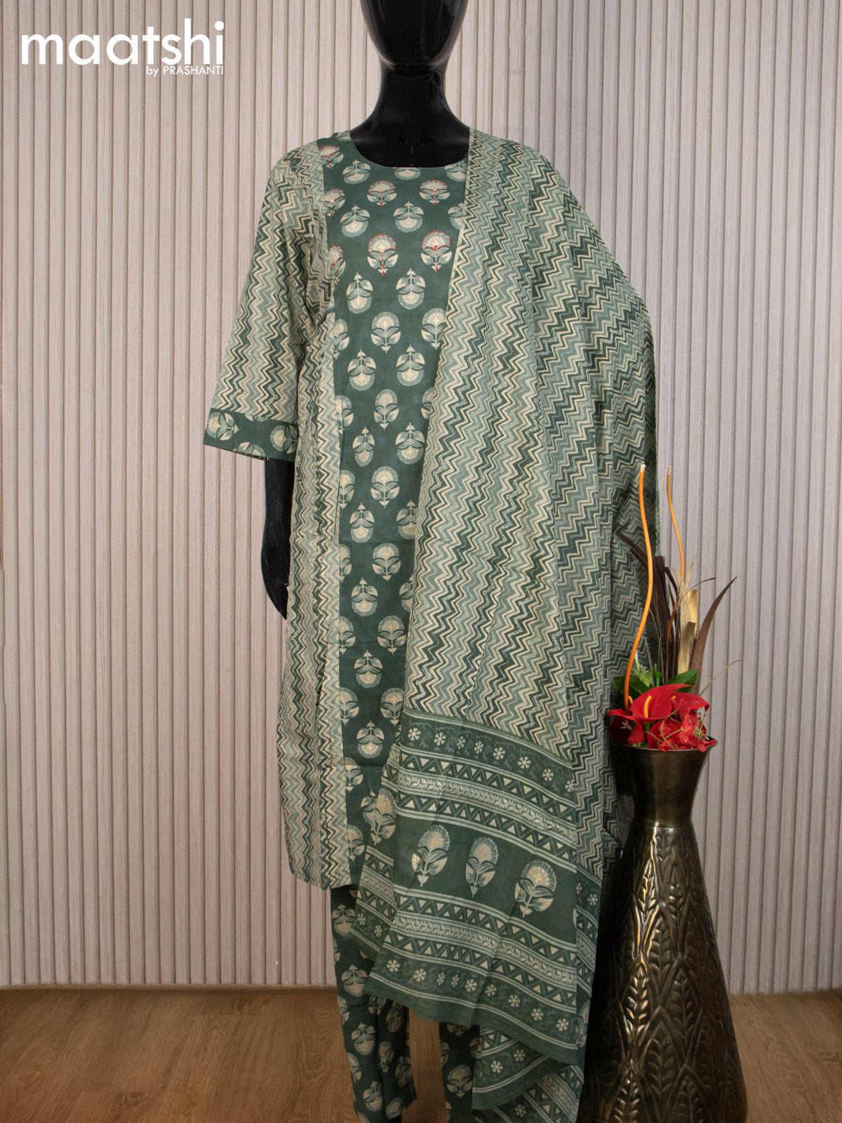 Cotton readymade salwar suit green with allover prints & kantha stitch work neck pattern and straight cut pant & cotton dupatta