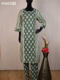 Cotton readymade salwar suit green with allover prints & kantha stitch work neck pattern and straight cut pant & cotton dupatta