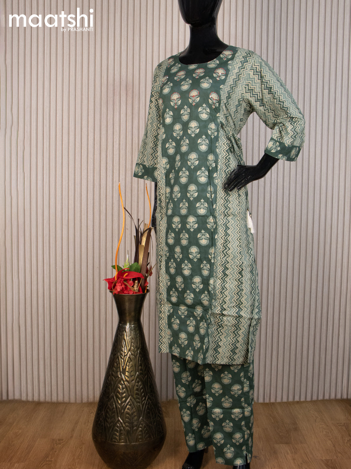 Cotton readymade salwar suit green with allover prints & kantha stitch work neck pattern and straight cut pant & cotton dupatta