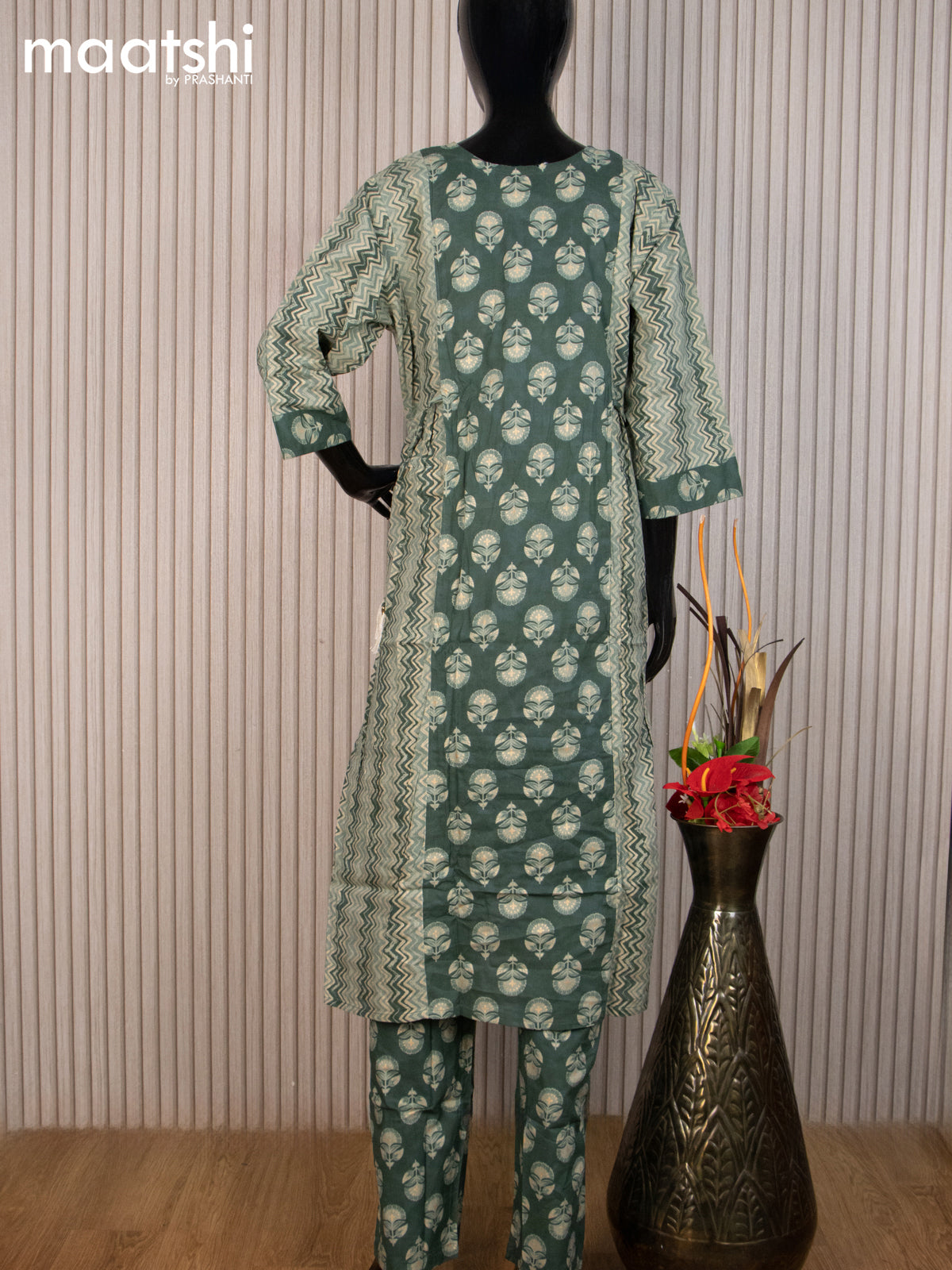 Cotton readymade salwar suit green with allover prints & kantha stitch work neck pattern and straight cut pant & cotton dupatta