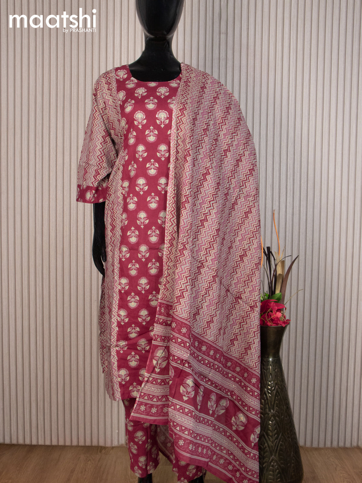 Cotton readymade salwar suit maroon and grey shade with allover prints & kantha stitch work neck pattern and straight cut pant & cotton dupatta