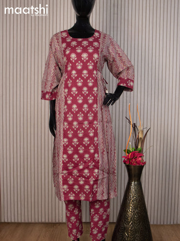 Cotton readymade salwar suit maroon and grey shade with allover prints & kantha stitch work neck pattern and straight cut pant & cotton dupatta