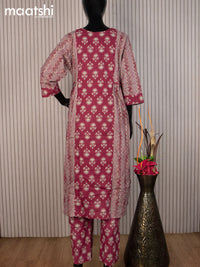 Cotton readymade salwar suit maroon and grey shade with allover prints & kantha stitch work neck pattern and straight cut pant & cotton dupatta