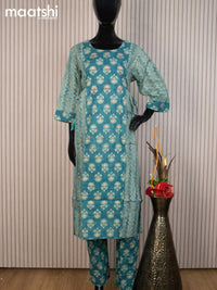 Cotton readymade salwar suit teal blue shade and grey shade with allover prints & kantha stitch work neck pattern and straight cut pant & cotton dupatta