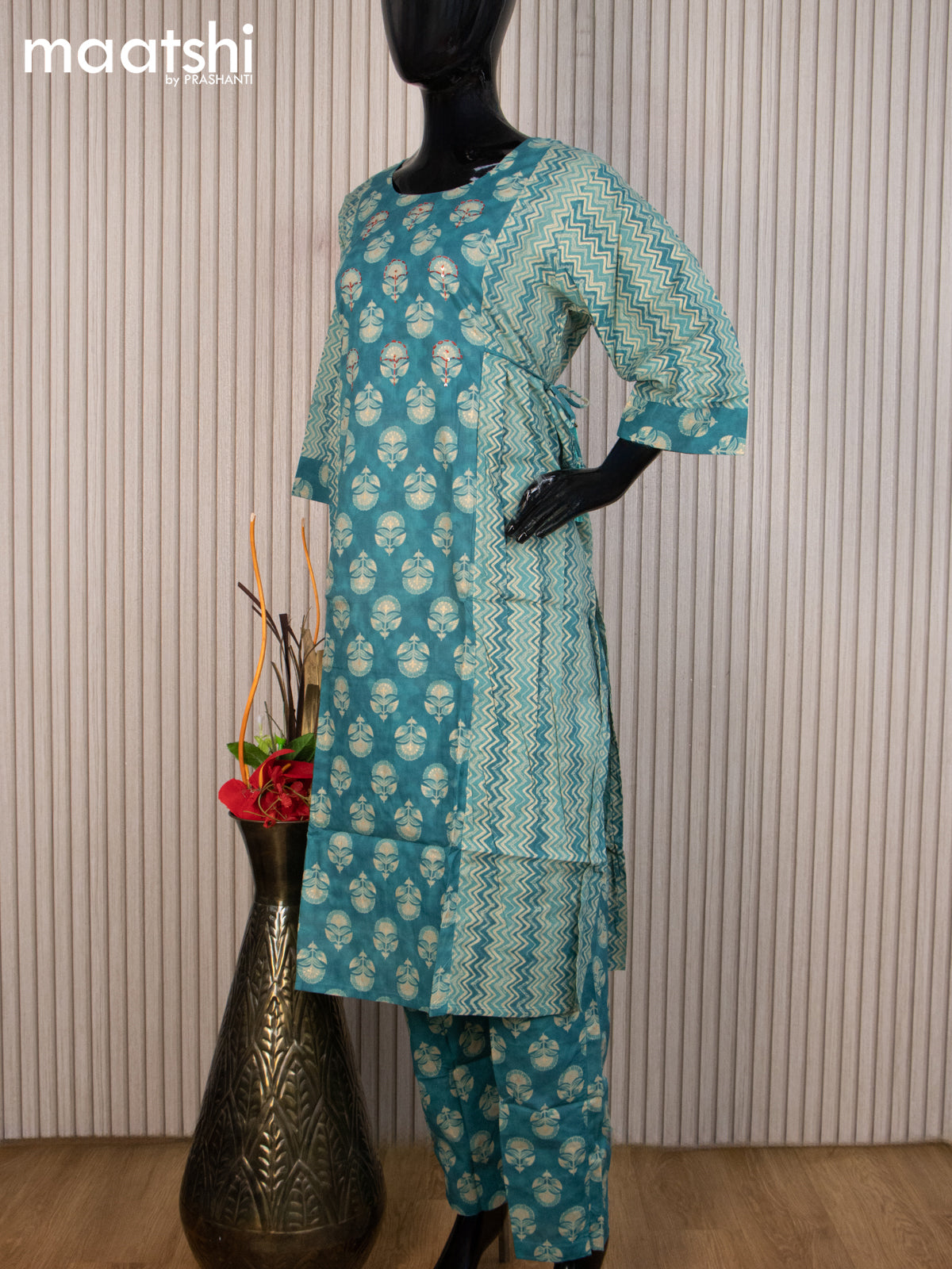 Cotton readymade salwar suit teal blue shade and grey shade with allover prints & kantha stitch work neck pattern and straight cut pant & cotton dupatta